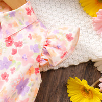 Girls Pink Floral Printed Flared Sleeve Shirt Dress With Belt Casual Dresses