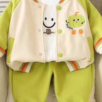 Boys Green Pumpkin Embroidered Varsity Jacket With T-Shirt & joggers Set Sets