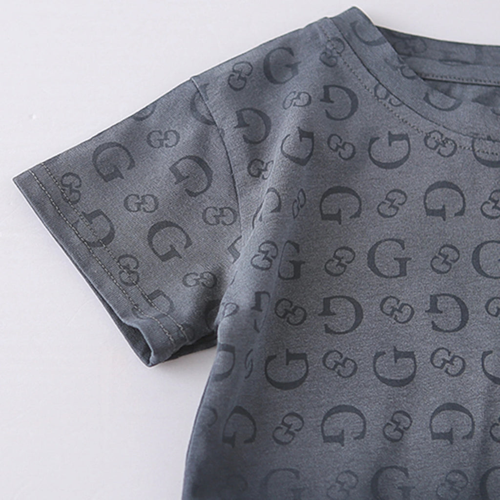 Boys Dark Grey Letter G Printed T-Shirt With Denim Shorts Set Sets