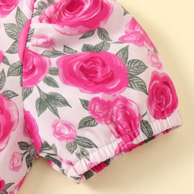 Girls Pink Floral Print Puff Sleeve Fit & Flare Dress Casual Dresses