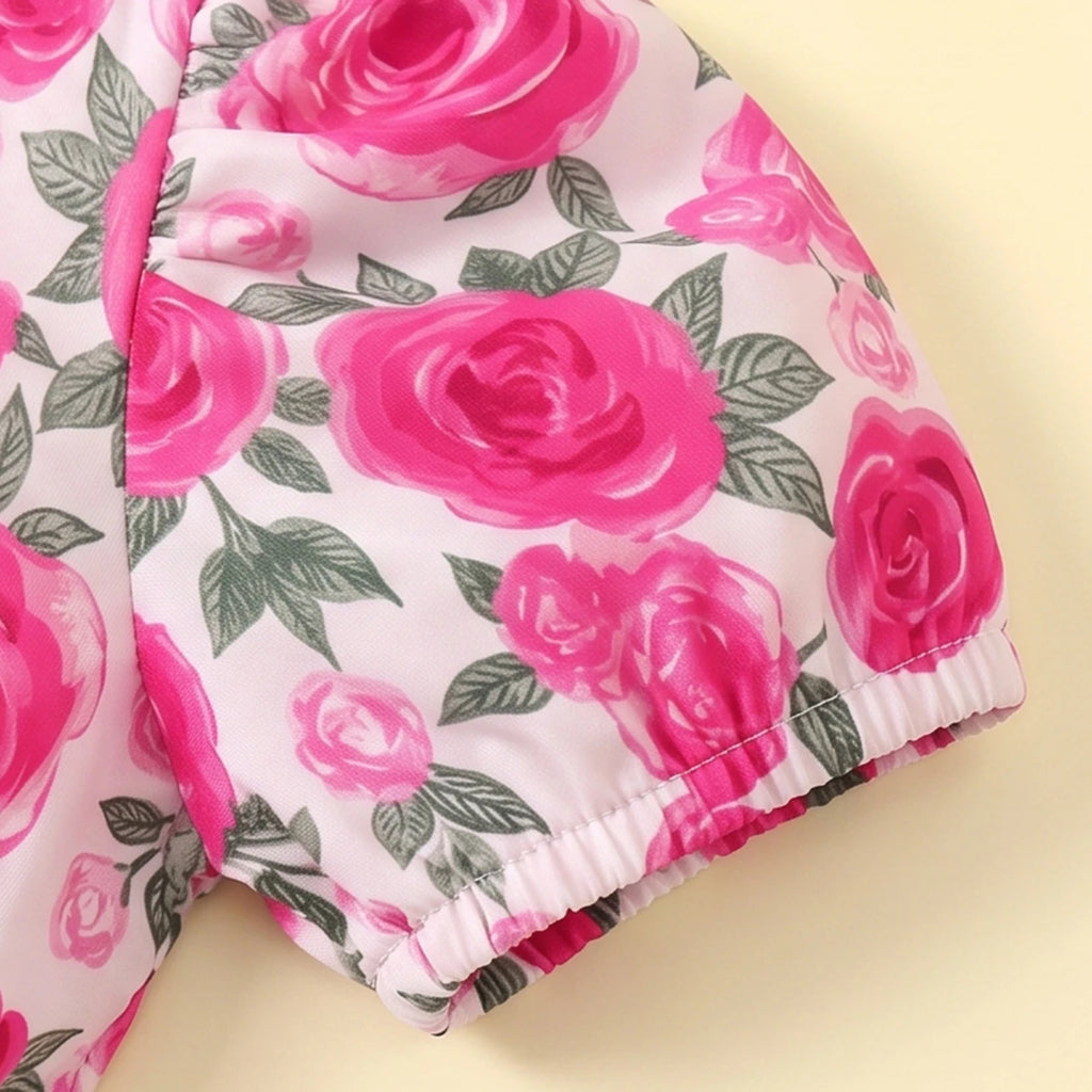 Girls Pink Floral Print Puff Sleeve Fit & Flare Dress Casual Dresses
