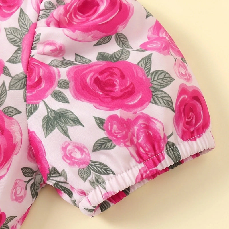 Girls Pink Floral Print Puff Sleeve Fit & Flare Dress Casual Dresses