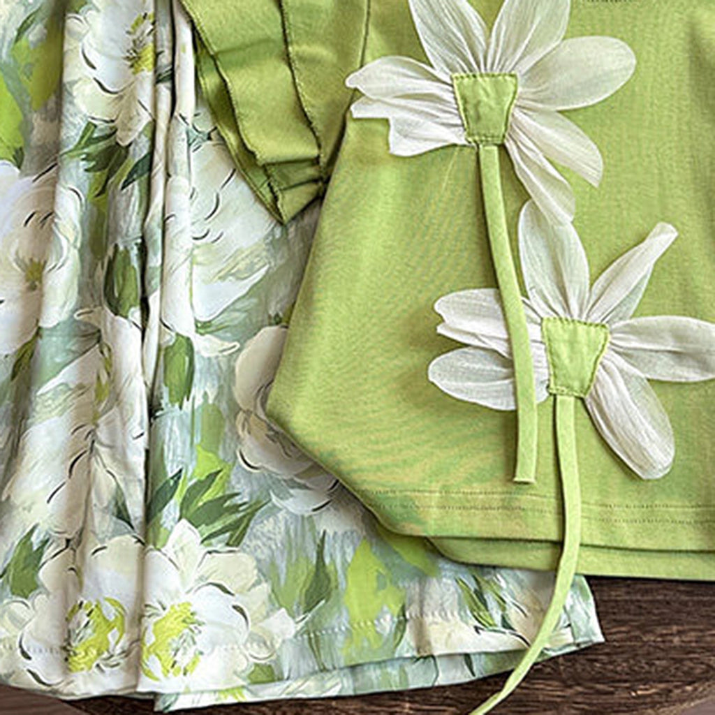 Girls Lime Green Floral Applique Flutter Sleeve Top With Flared Pants Sets 2 pc. Sets