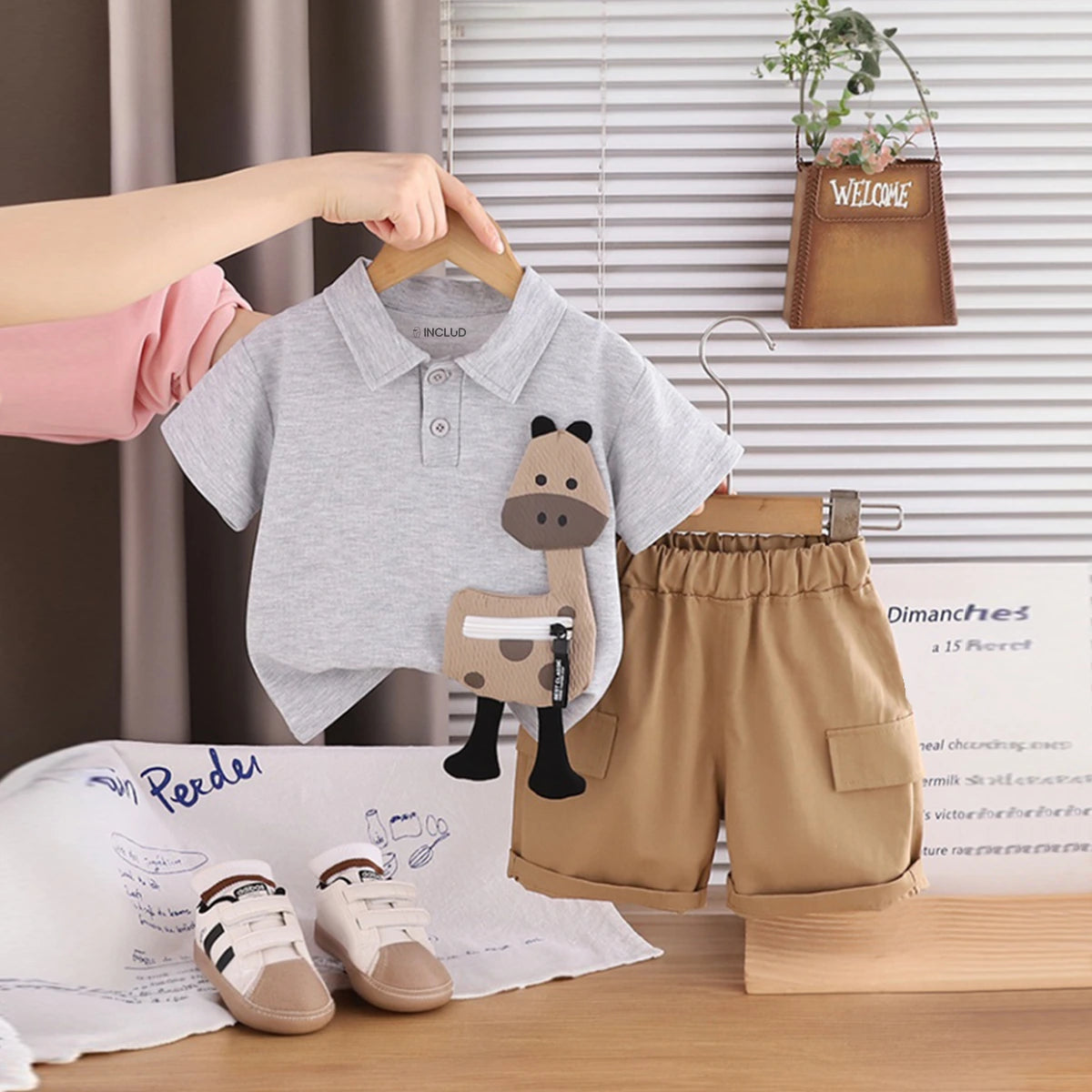 Boys Light Grey Animal Applique Short Sleeve Polo T-Shirt With Elasticated Shorts Sets 2 pc. Sets Light Grey 1-2 Y