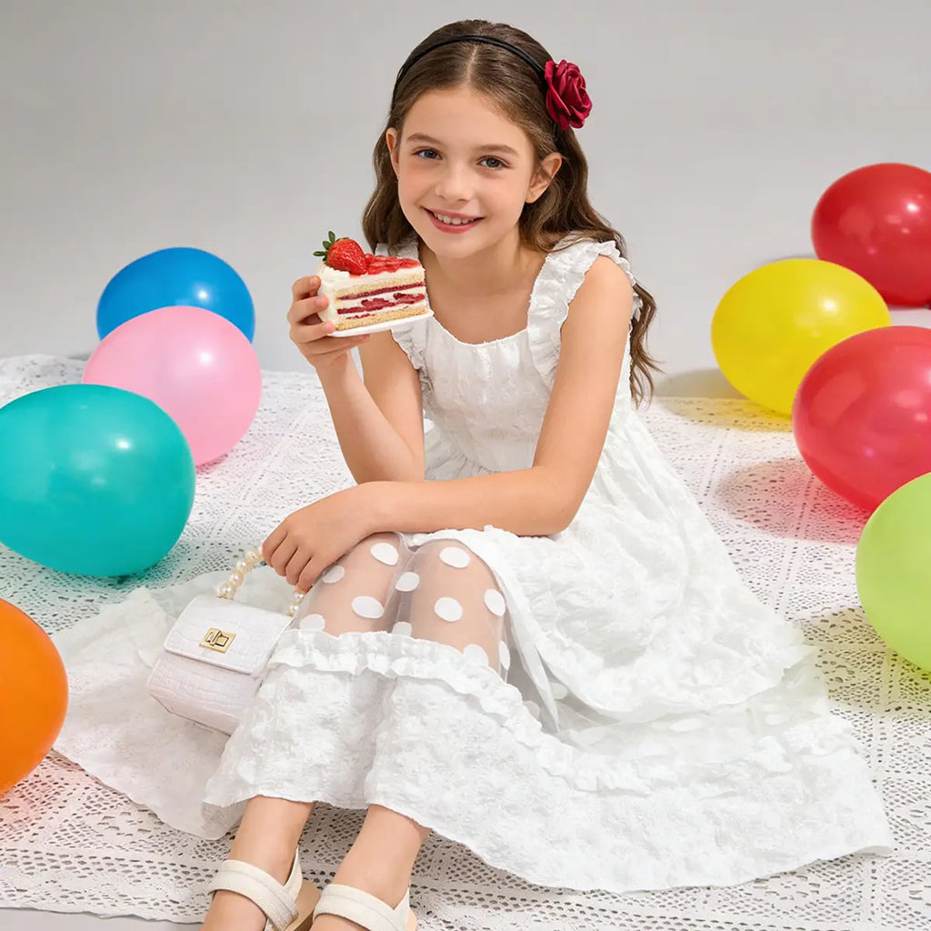 Girls White Sleeveless A-line Midi Dress With Ruffle Details Casual Dresses