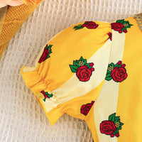 Girls Yellow Strawberry Printed Puff Sleeves Dress Casual Dresses