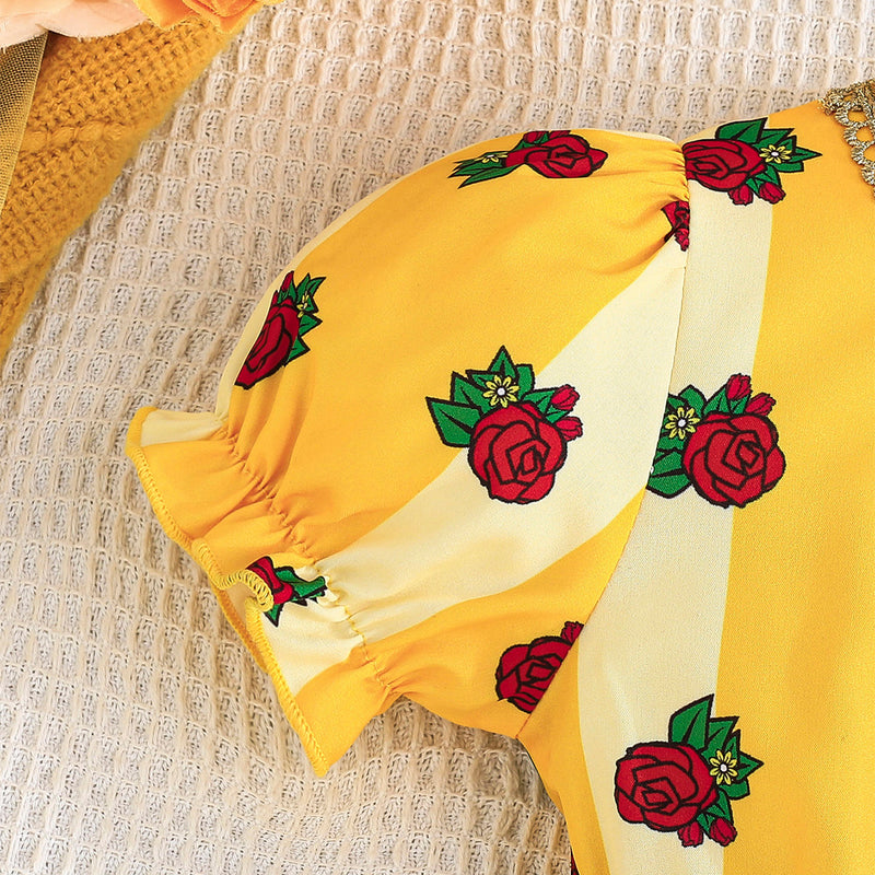 Girls Yellow Strawberry Printed Puff Sleeves Dress Casual Dresses