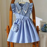Girls Blue Textured Fit & Flare Dress With Embellished collar