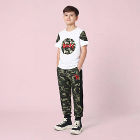 Boys White Camouflage Print Short Sleeve T-Shirt With Pants Sets 2 pc. Sets White 3-4 Y