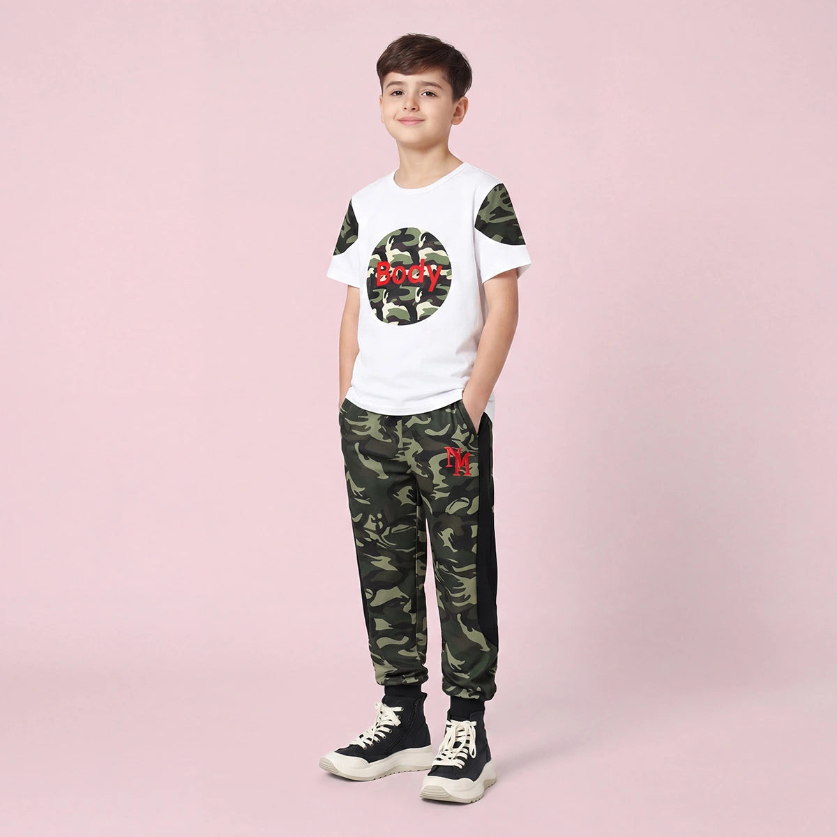 Boys White Camouflage Print Short Sleeve T-Shirt With Pants Sets 2 pc. Sets White 3-4 Y
