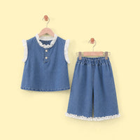 Girls Blue Denim Sleeveless Top with Pants Sets 2 pc. Sets Blue 1-2 Y