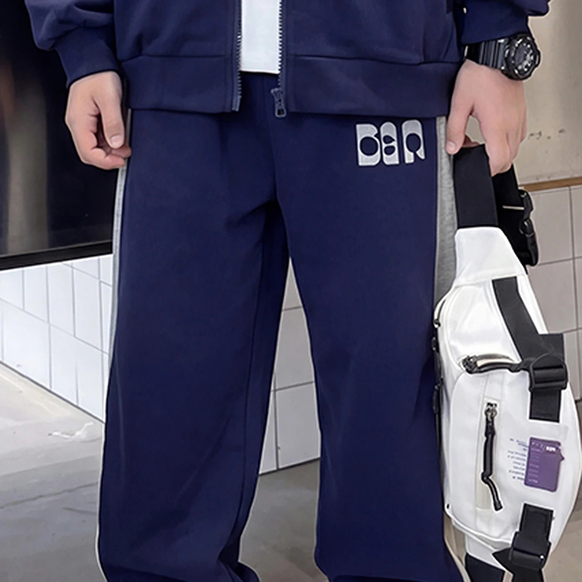 Boys Navy Blue Colorblocked Front Open Jacket With Pants Sets 2 pc. Sets
