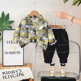 Boys Yellow Typographic Printed Shacket With Pants Set 2 pc. Sets
