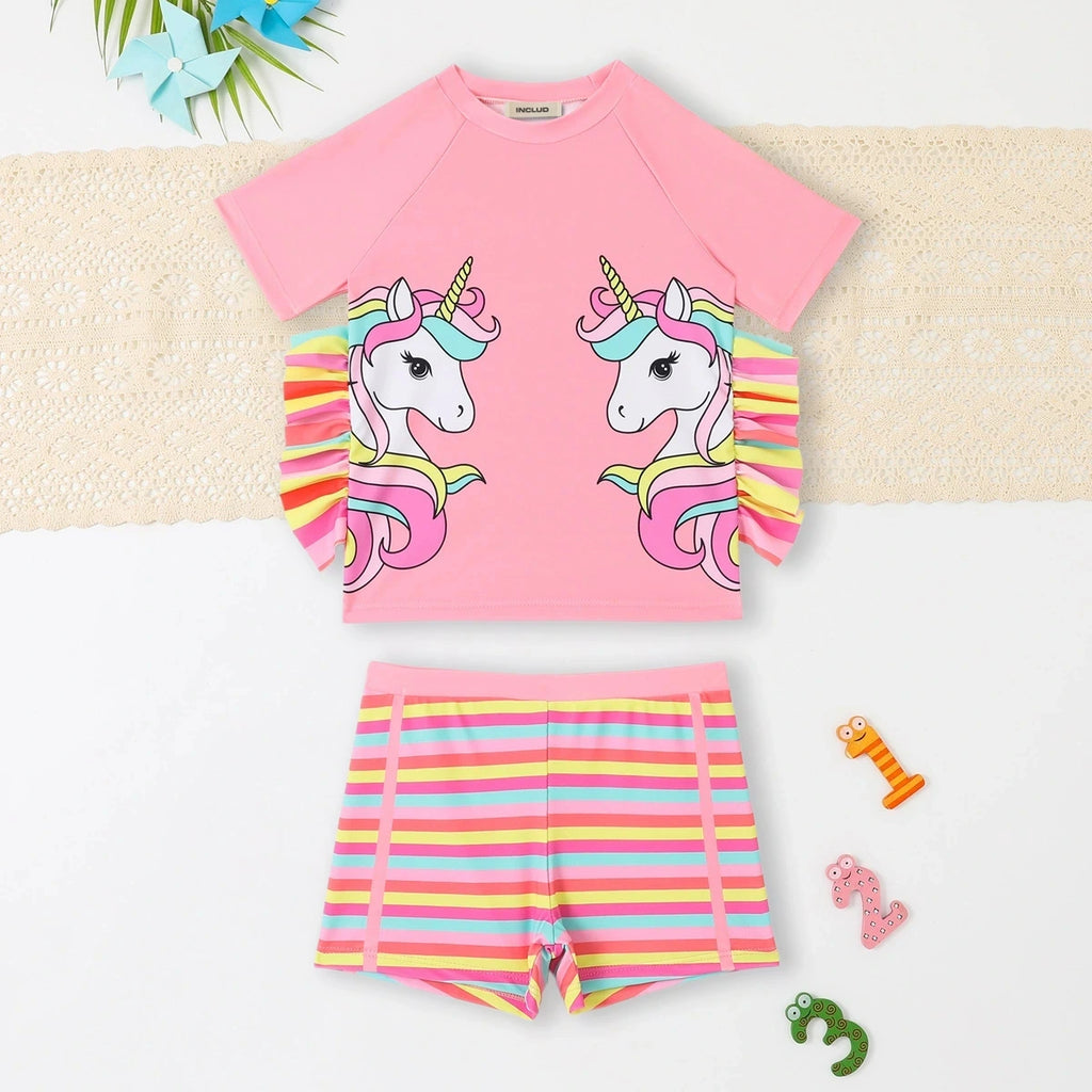 Girls Pink Unicorn Printed T-Shirt With Stripes Shorts Swimwear Sets Sets Pink 3-4 Y