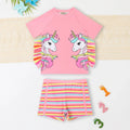 Girls Pink Unicorn Printed T-Shirt With Stripes Shorts Swimwear Sets Sets Pink 3-4 Y