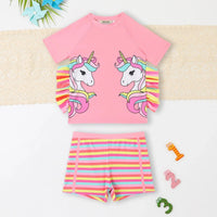 Girls Pink Unicorn Printed T-Shirt With Stripes Shorts Swimwear Sets Sets Pink 3-4 Y