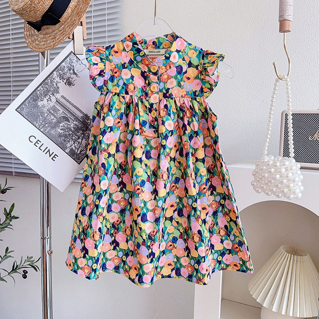 Girls Floral Print Empire Line Casual Dress