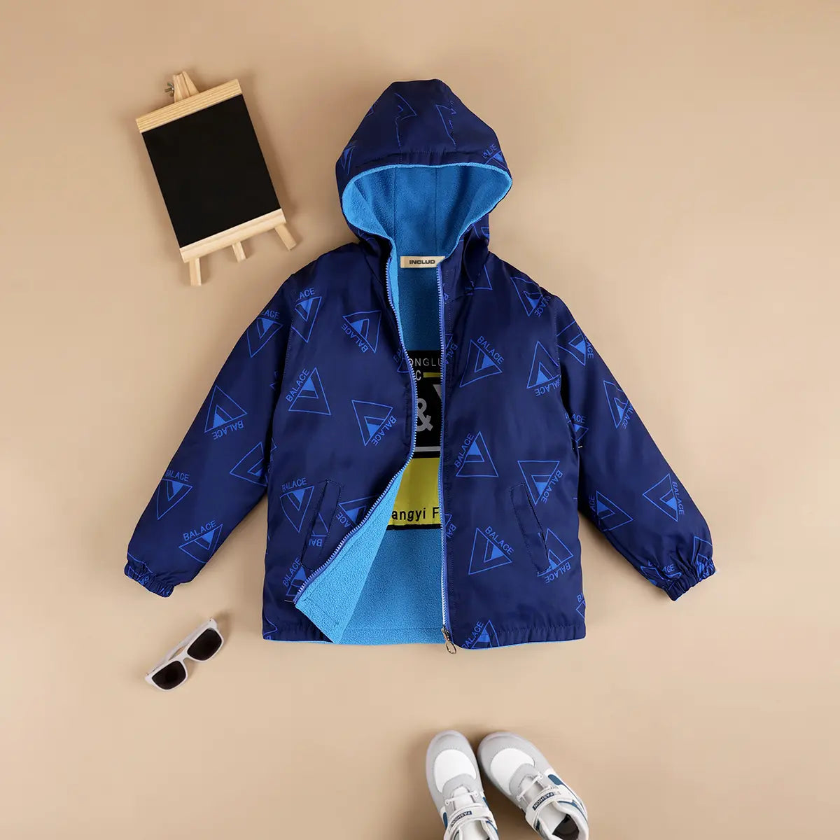 Boys Light Blue Triangle Printed Reversible Hooded Zipper Jacket Coats & Jackets