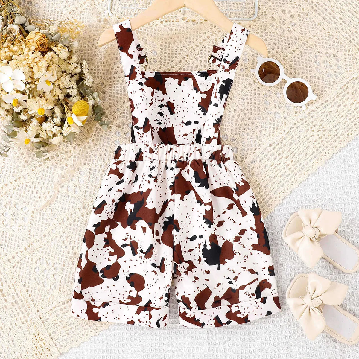 Girls Brown Animal Print Adjustable Strap Dungaree Jumpsuits
