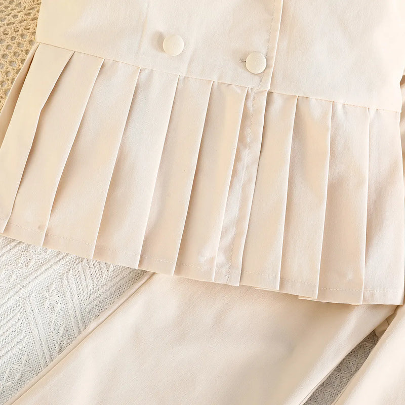 Girls Beige Sleeveless Blazer Top With Wide Leg Pants Co-ord Sets Sets
