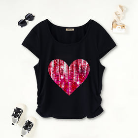 Girls Black Heart Sequence Short Sleeves Scoop Neck T-Shirt Tshirts Black 7-8 Y
