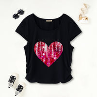 Girls Black Heart Sequence Short Sleeves Scoop Neck T-Shirt Tshirts Black 7-8 Y