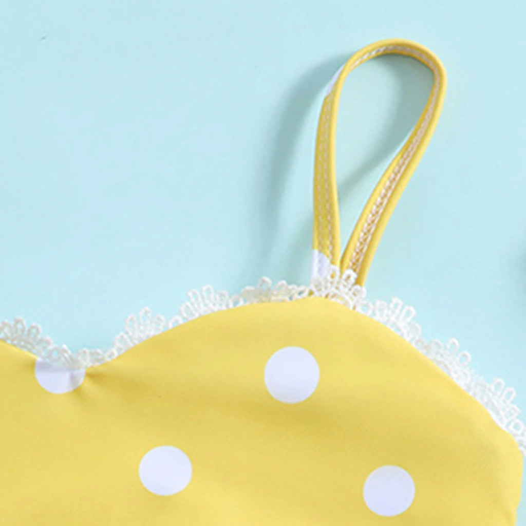Girls Yellow Polka Dot Top & Briefs With Lace Tims Two-Piece Swimwear Sets Sets