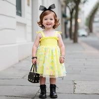 Girls Lime Yellow 3D Butterfly Wing Applique Tulle Overlay Fit & Flare Dress Casual Dresses