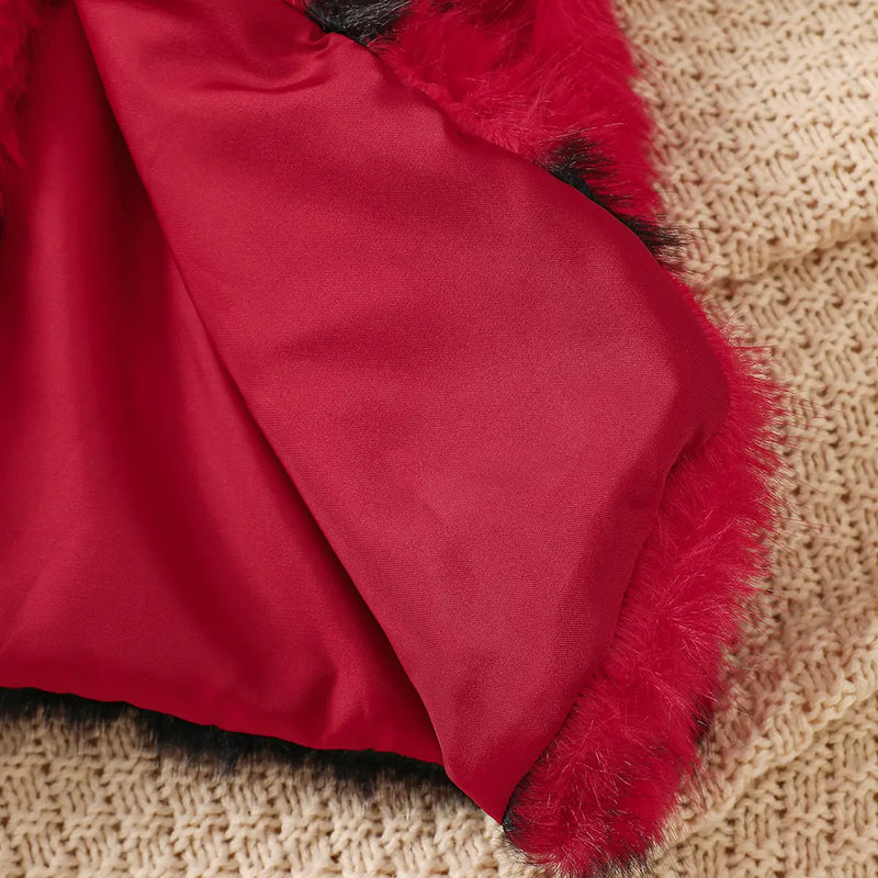 Girls Long Sleeve T-Shirt With Red Faux Fur Vest & Faux Leather Skirt & Hat Sets Sets