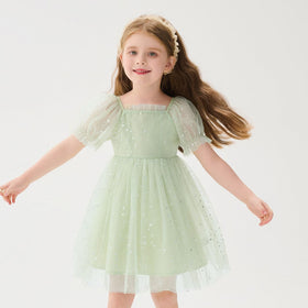 Girls Star Foil Printed Fit & Flare Dress Casual Dresses Green 1-2 Y 