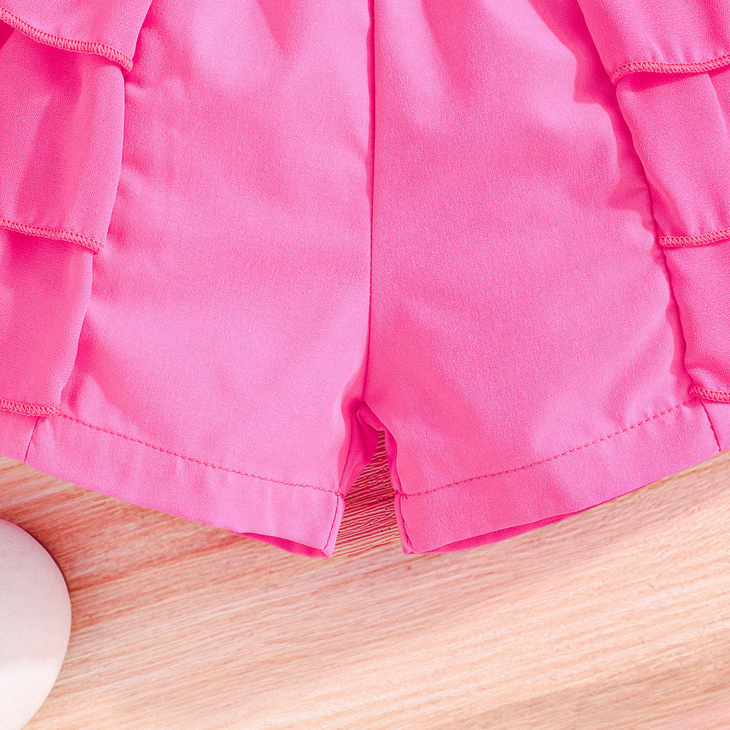 Girls Fuchsia Waistcoat with Spaghetti Top & Tiered Ruffle Shorts Set 3 pc. Sets