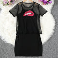 Girls Black Bodycon Dress With Sequin Lip Mesh Sheer Top Casual Dresses