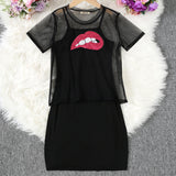 Girls Black Bodycon Dress With Sequin Lip Mesh Sheer Top
