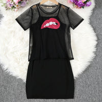 Girls Black Bodycon Dress With Sequin Lip Mesh Sheer Top Casual Dresses