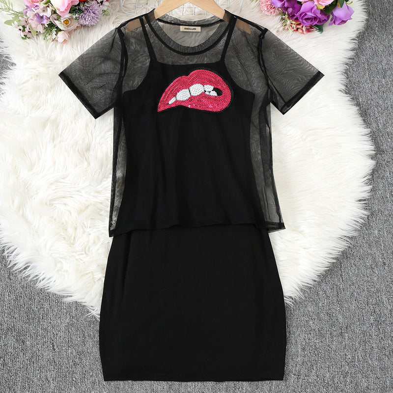 Girls Black Bodycon Dress With Sequin Lip Mesh Sheer Top Casual Dresses