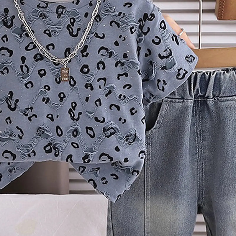 Boys Blue Leopard Distressed Print T-Shirt With Denim Shorts Sets Sets