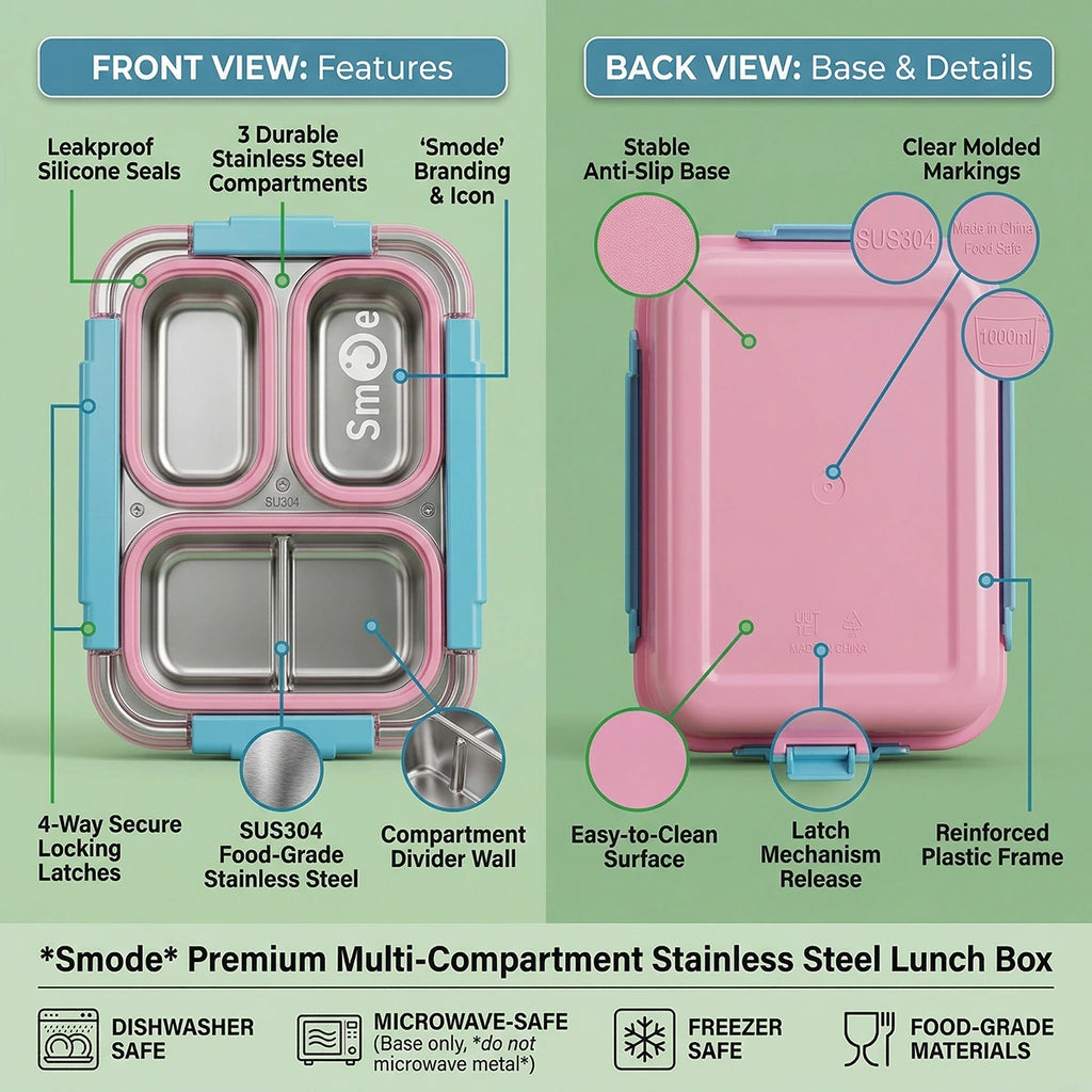 Kids Pink Smart Meal Leakproof 3-Section Lunch Box Trending Accessories