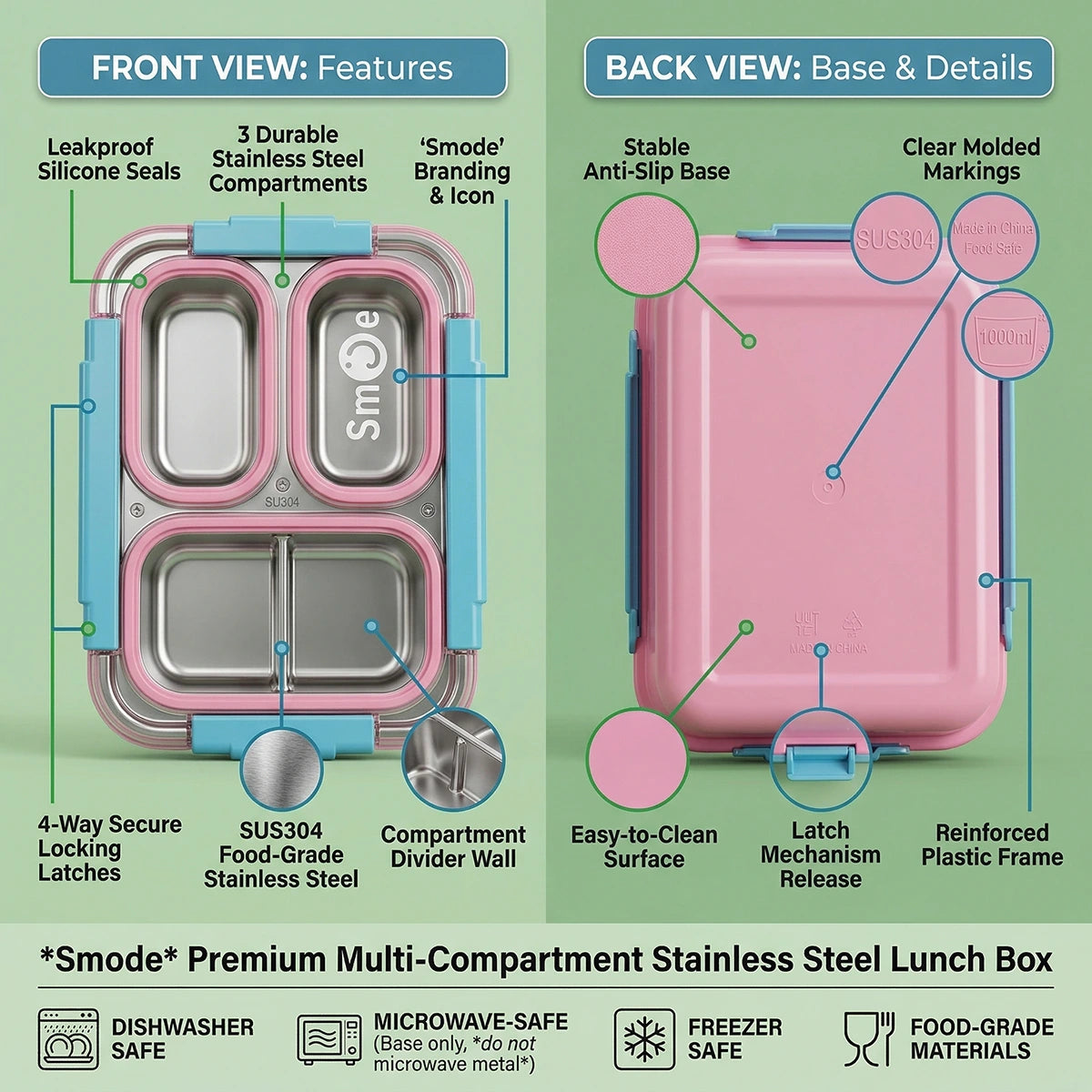 Kids Pink Smart Meal Leakproof 3-Section Lunch Box Trending Accessories