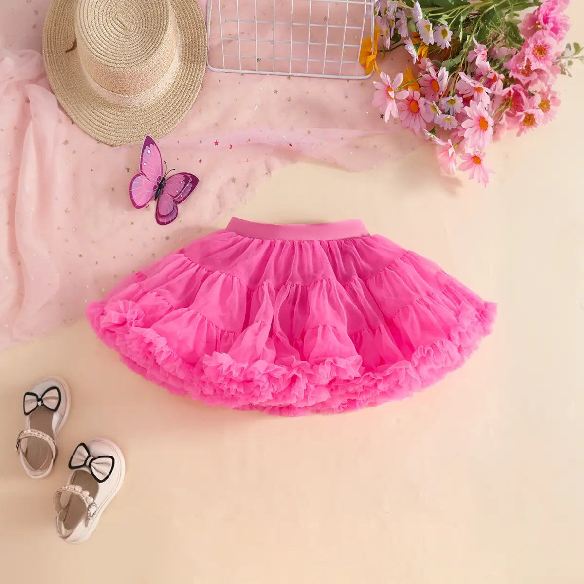Girls Fuchsia Butterfly Applique Halter Top With Tiered Tulle Tutu Skirt Sets Sets