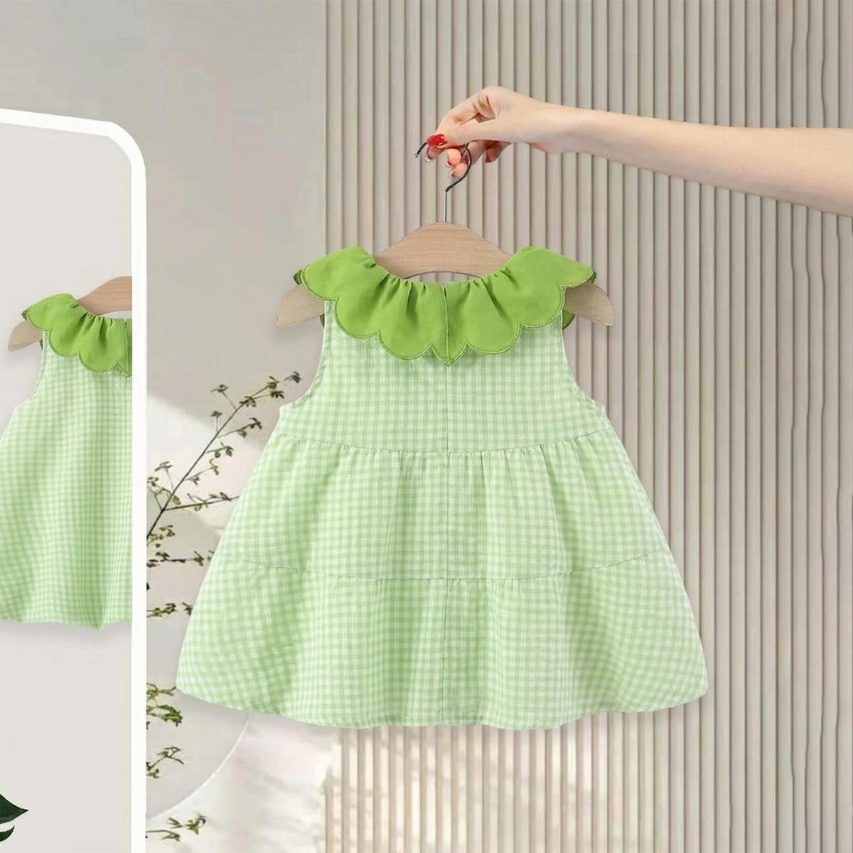 Girls Lime Green Checked A-line Dress With Bunny And Cherry Embroidery Casual Dresses