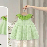 Girls Lime Green Checked A-line Dress With Bunny And Cherry Embroidery Casual Dresses