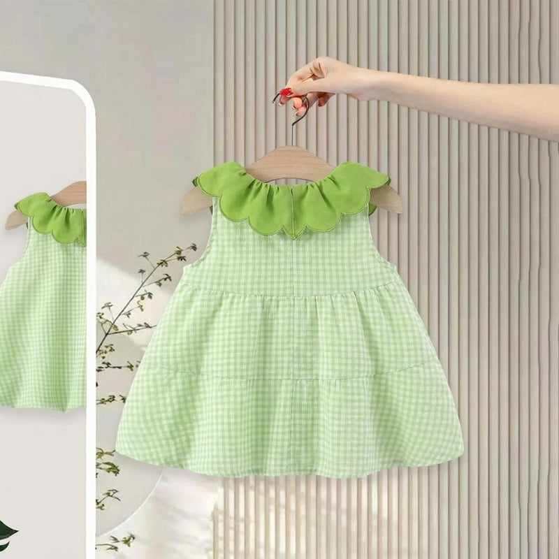 Girls Lime Green Checked A-line Dress With Bunny And Cherry Embroidery Casual Dresses