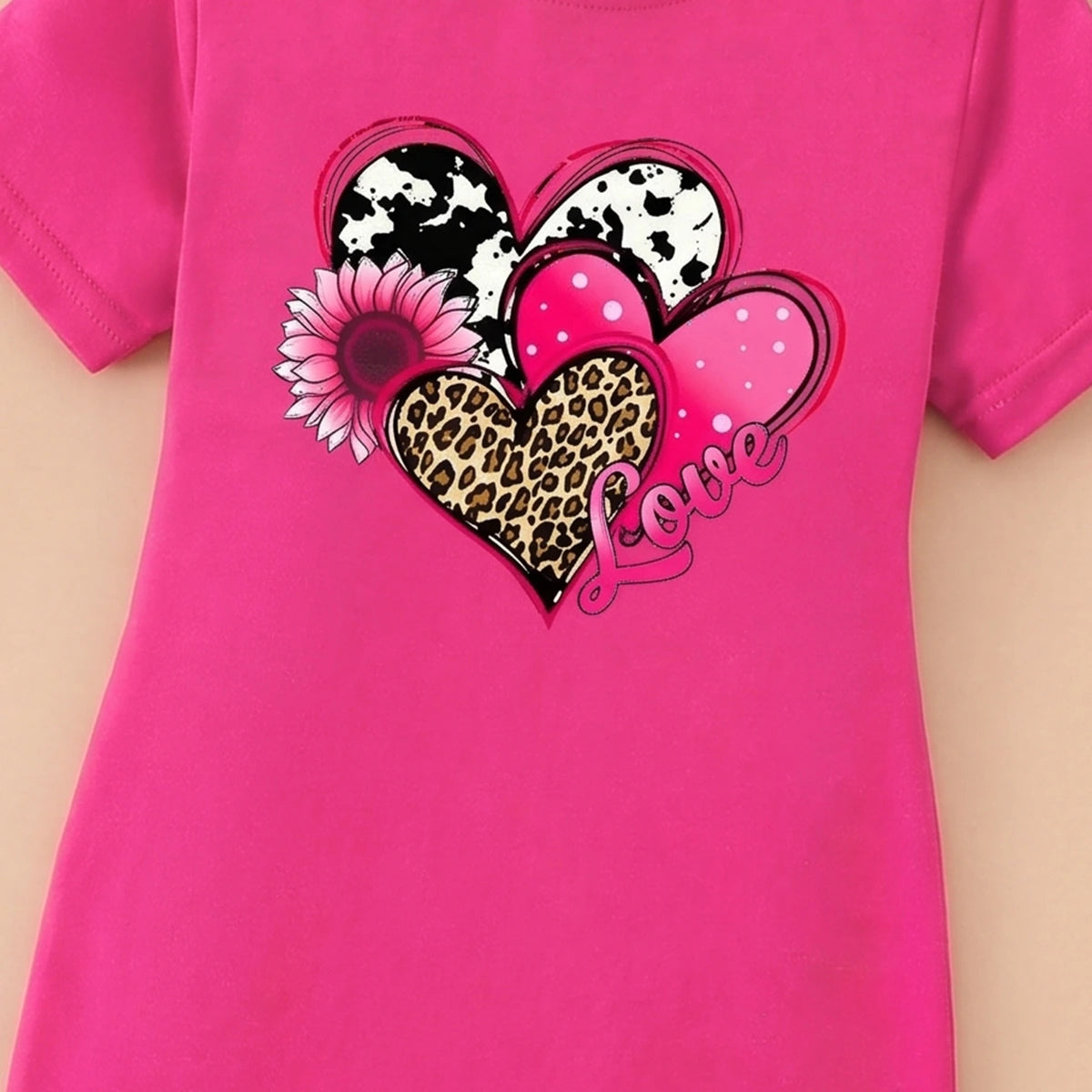 Girls Fuchsia Heart Print Short Sleeve T-Shirt Dress Casual Dresses