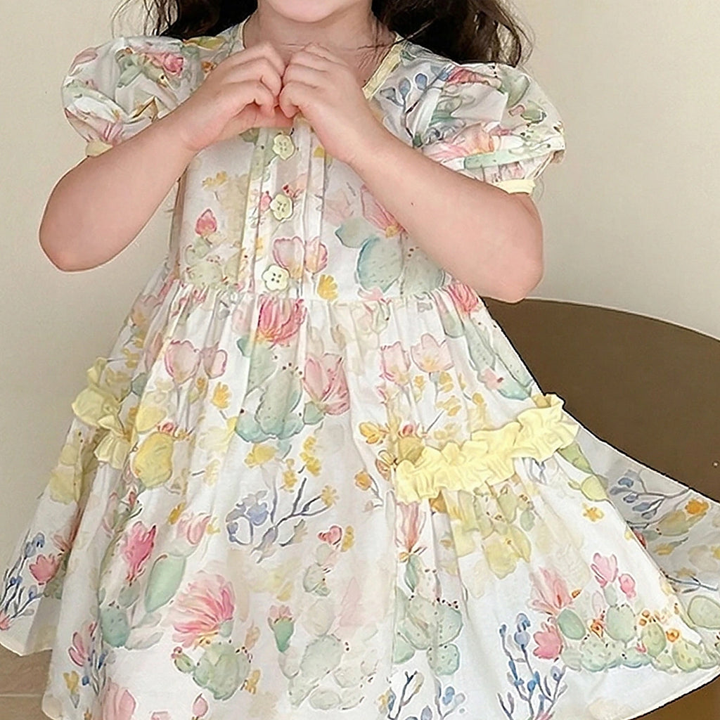Girls Multicolour Floral Print Fit & Flare Dress with Puff Sleeves Casual Dresses