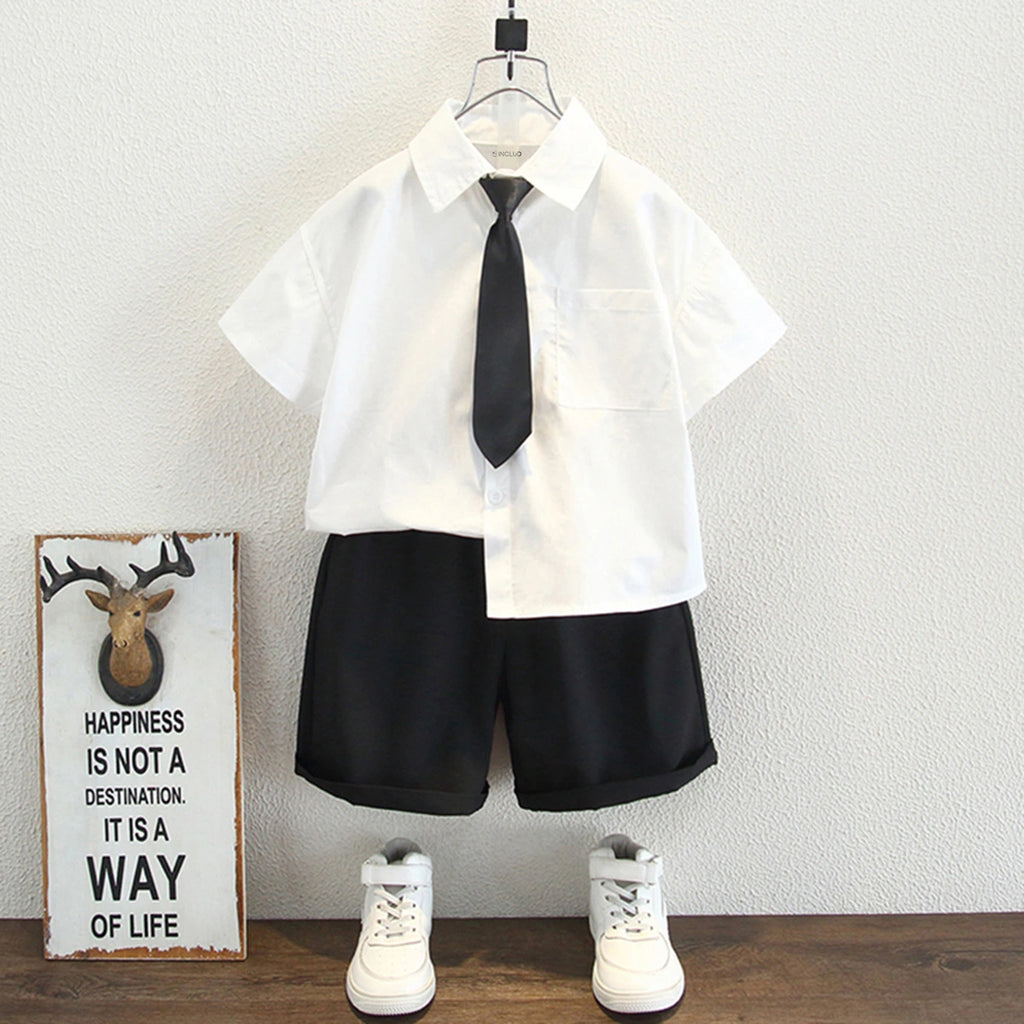 Boys White Solid Short Sleeves Shirt With Shorts Set Sets White 1-2 Y