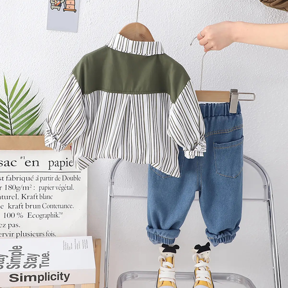 Boys Green Stripes Shirt With Denim Jogger Sets Sets