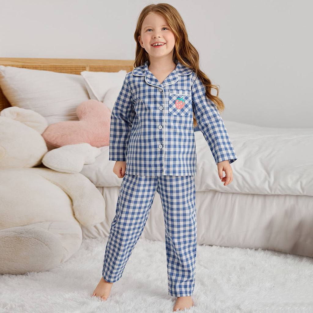 Girls Blue Gingham Check Shirt with Pajama Nightsuit Set Sleepwear Sets Blue 3-4 Y