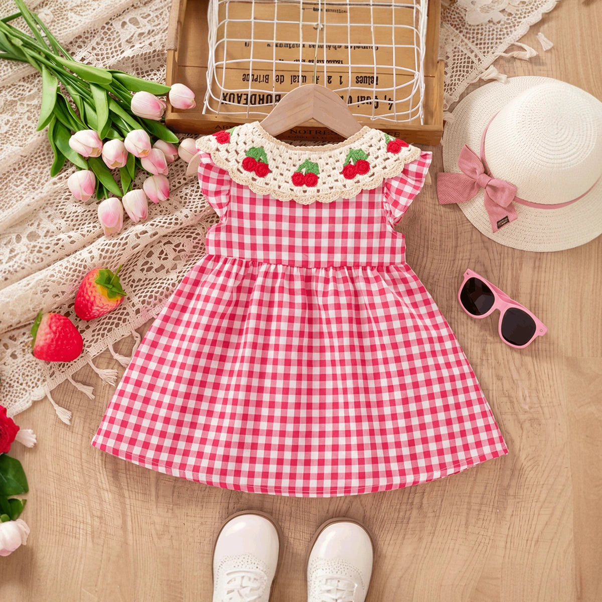 Girls Red Checked Sleeveless Fit & Flare Dress Casual Dresses