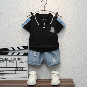 Boys Black Graphic Polo T-Shirt With Denim Shorts Set Sets