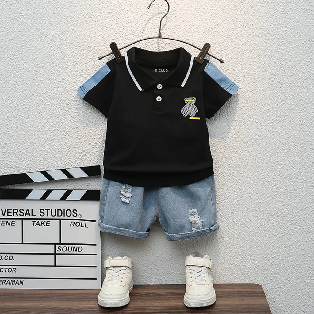 Boys Black Graphic Polo T-Shirt With Denim Shorts Set Sets